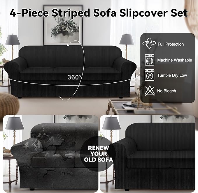 100% Waterproof Extra Large Couch Cover 4-Piece Set Striped Sofa Slipcovers for 3 Cushion Couch Covers with TPU Leakproof Bottom Stretch Protector Pet Proof - Sofa(3-Cushion), Black