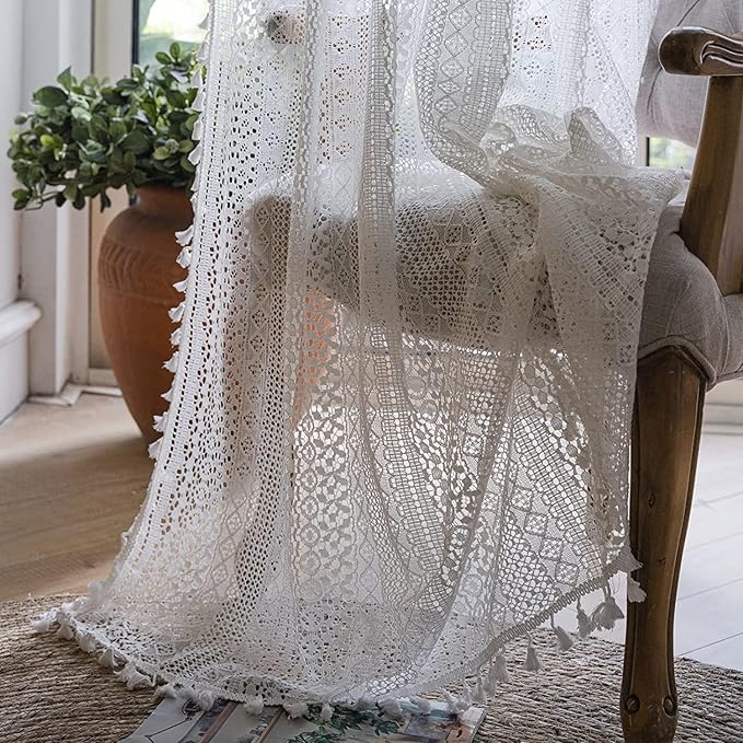 Sutuo Home Boho Sheer Curtain 108 Inches Long, Crochet Lace with Bohemian Hollow Knitted Handmade Tassels,Vintage Farmhouse Window Treatment for Bedroom, Rod Pocket, 1 Panel 59" W x 108" L, White