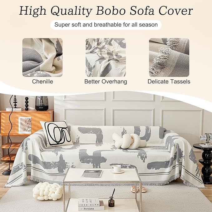 ROOMLIFE Grey Boho Stripped Couch Cover, Modern Abstract Couch Covers for 3 Cushion Couch Sofa Pet Friendly, Large Chenille Sofa Cover for Sectional Sofa Washable Dog Couch Cover Protector 71"*134"