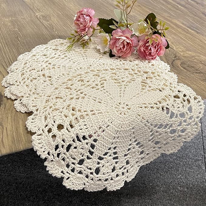 PHANTOMON Crochet Doilies Handmade Round Cotton Lace Table Placemats Knitted Tablecloth, Star Pattern Rippled Edge, Pack of 4 (10 Inch, Beige)