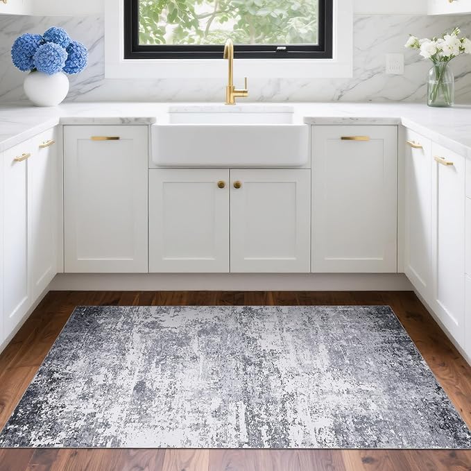 Modern Abstract 2x3 Area Rug Non Slip Non Shedding Low Pile Stain Resistant Rug for Entryway Kitchen Bedroom,Light Grey