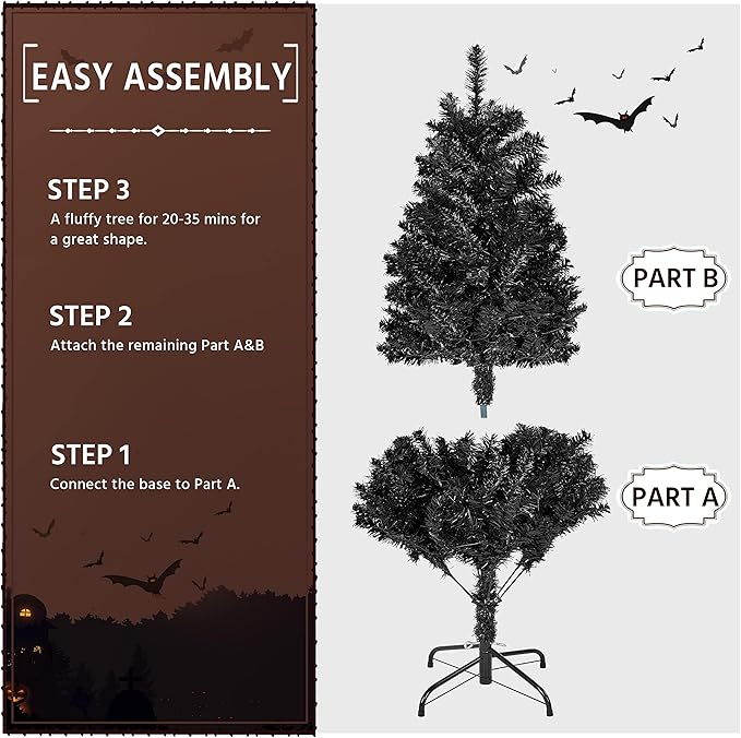 Yaheetech 4.5ft Pre-lit Halloween Black Spruce Artificial Hinged Christmas Pine Tree Prelighted Xmas Tree for Home Party Holiday Decoration with 150 Clear Warm White Lights and 324 Branch Tips, Black