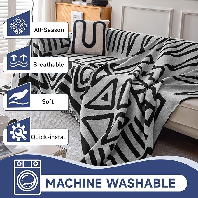 VClife Boho Couch Cover Thick Soft Chenille Sofa Covers for Sectional Couch, Bohemian Black Gray Couch Covers for 3 Cushion Couch Sofa Washable Multi-Functional Furniture Protector, 71''x150''