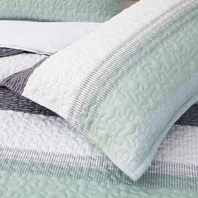 DURLENGEN Striped Quilt Set Queen Size 3Pcs, Bohemian Design with White & Mint Green & Blue & Grey Stripes, All Season Lightweight Bedspread Coverlet Sets(Queen 90x96,Mint Green)