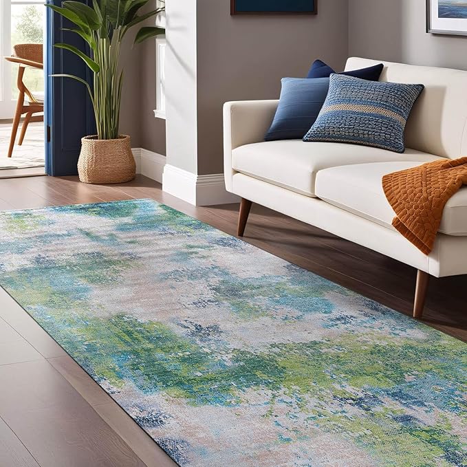 Non Slip Rugs 2x7 Modern Abstract Easy Silk Rubber Backing Soft Runner Rug for Hallways Easy to Clean Non Shedding Kitchen for Laundry Room Indoor Area Carpet (Teal - Green, 2x7)
