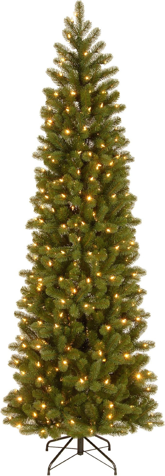 National Tree Company 7.5 ft Pre-Lit Downswept Douglas Fir Slim Artificial Christmas Tree, 350 LED Lights, 796 Tips, Foot Pedal, 10 Light Functions, Includes Stand, Green
