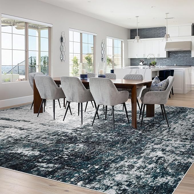 9x12 Area Rugs Washable Rug, Soft Modern Abstract Rugs for Living Room Large Low Pile Thin Rug Non Slip Indoor Neutral Carpet for Bedroom Dining Room Farmhouse Office Kids Playroom Black Grey Blue
