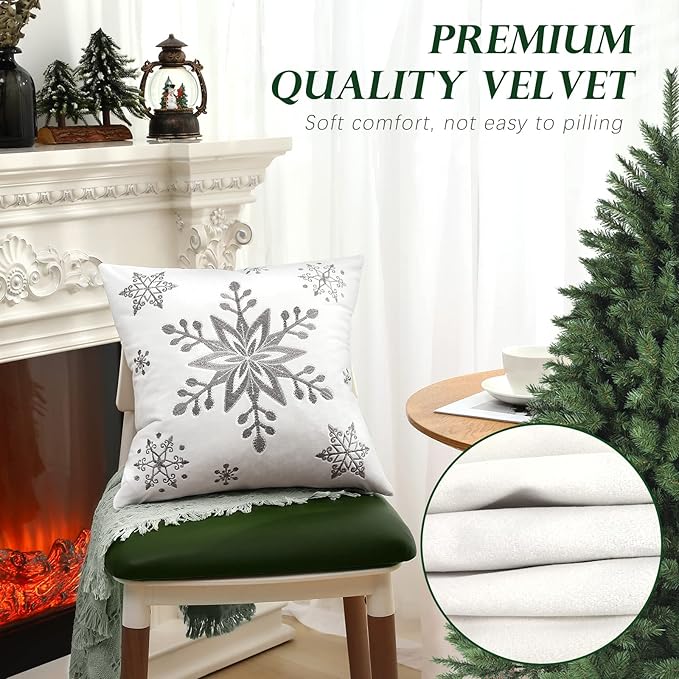 Lewondr Christmas Throw Pillow Covers, 16x16 Inch Snowflake Embroidery Pillow Cases Home Xmas Decorative Holiday Decor Cushion Covers Soft Velvet Pillow Cover for Sofa Bed Chair Set of 2, White
