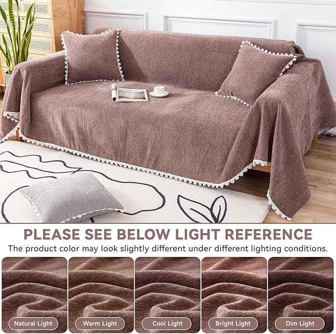 VClife Couch Cover Modern Brown Couch Covers for 2 Cushion Couch Sofa - Washable Chenille Sofa Cover with Lace for Living Room Office RV Bedroom (71"X118") Gift for Christmas Thanksgiving Birthday
