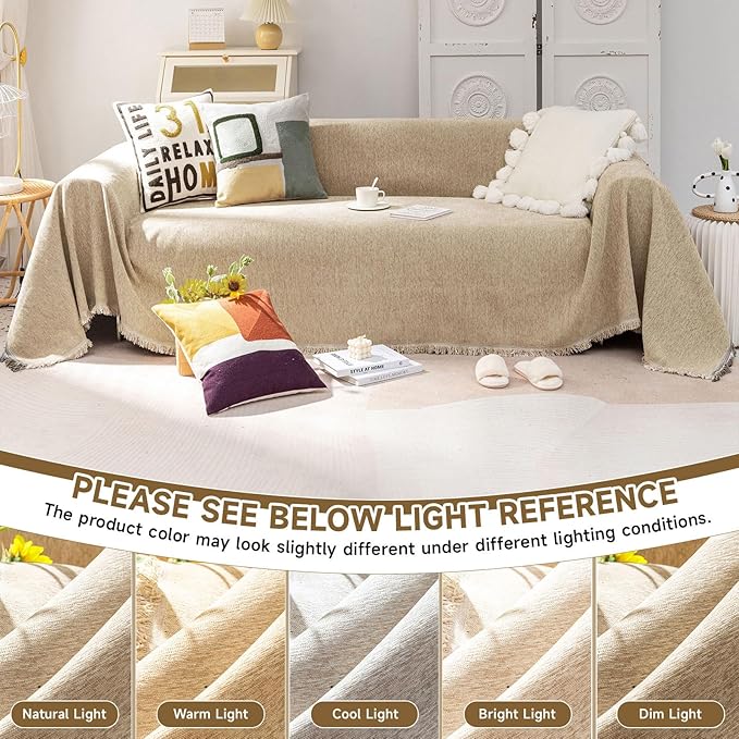 VClife Beige Couch Cover for Sofa 1 Piece Modern Minimalism Couch Cover for 3 Cushion Couch Sofa Slipcover Washable Soft Chenille Sofa Covers Furniture Protector for Bedroom Living Room 71''x150''