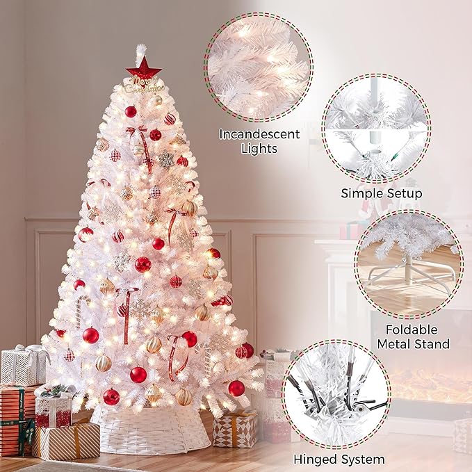 Yaheetech 6ft Pre-lit Spruce Artificial Hinged Christmas Pine Tree Prelighted Holiday Xmas Tree for Home Party Decoration with 300 Warm White Lights and 818 Branch Tips, White