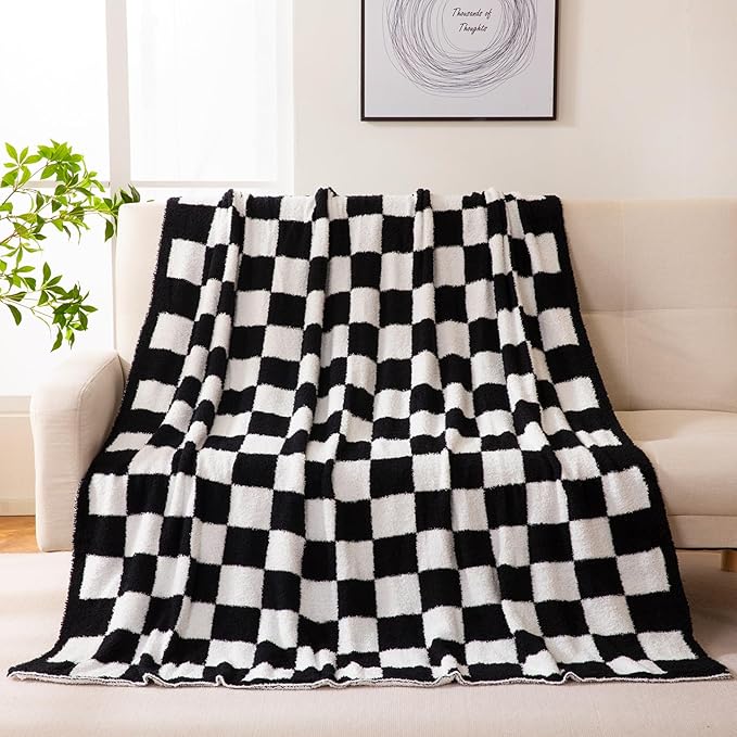 YIRUIO Throw Blankets Checkerboard Grid Chessboard Gingham Warmer Comfort Reversible Shaggy Cozy Decor for Home Bed Couch (Black, 60''x80'')