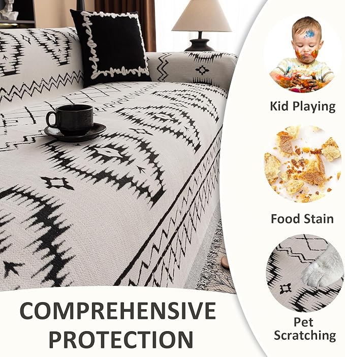 VClife Chenille Couch Cover Slipcover, Sectional Couch Cover for 3 Cushion Couch Sofa Pet Sofa Protector, Anti Slip White Tribal Pattern Couch Covers Furniture Protector wit Tassel, White, 71"X134"