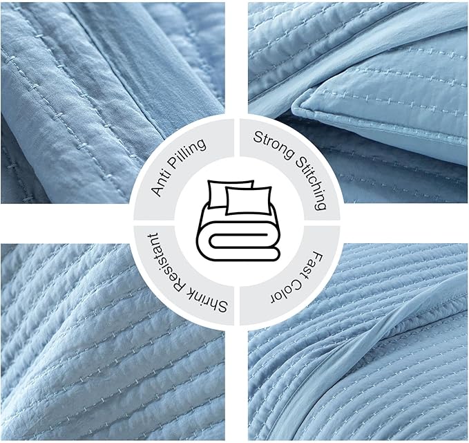 Oversized Queen Quilt Set – 102"x106" Soft Washed 3-Layer Lightweight Bedspread with Multi-Lock Quilting, Minimalist Nordic Bedding, All-Season Quilt Set for Spring & Summer, (1 Quilt + 2 Shams)Blue