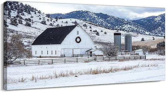 GUTTATY Christmas Winter Barn Canvas Wall Art, Rustic Farmhouse Winter Scene Pictures, Snowy Holiday Wall Decor, Countryside Canvas Print with White Barn for Living Room, Bedroom, Office, 48x24 Inch