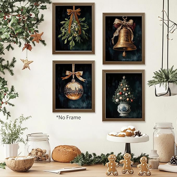AEHIE Dark Moody Christmas Wall Art Poster Prints for Home Room Bedroom Decor, Dark Academia Christmas Decor, Winter Bauble Ball Ornament Bell Mistletoe Holiday Prints Wall Art Unframed 4pcs 8x10inch