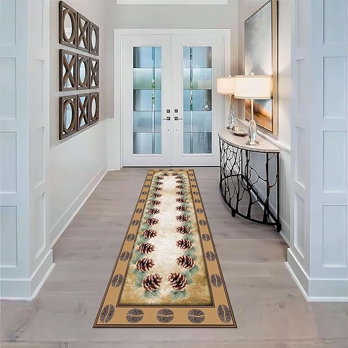 Pinecone Runner Rug,2x7ft,American Country Woodland Runner Rugs for Hallway,Vintage Southwestern Farmhouse Decor Carpet Runner for Entrance, Washable Non-Slip Runner Mat for Living Room