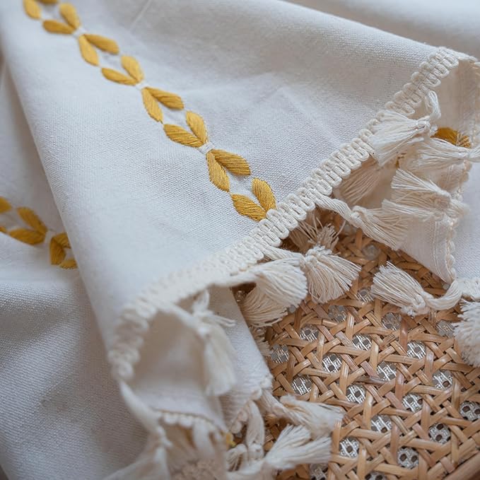 Sutuo Home Boho Curtains 90 inches for Bedroom Living Room, Semi Blackout Farmhouse Tassels Vintage Privacy Bohemian Embroidery Drape, Rod Pocket 1 Panel 52" W x 90" L, White and Gold