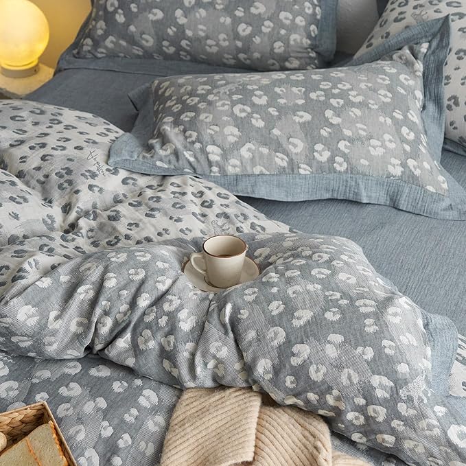 mixinni Leopard Duvet Cover Queen Size, Premium Yarn-Dyed Jacquard Cotton Duvet Cover with Grey Leopard Print, Farmhouse Bedding Set with Edge Design, Perfect for Him and Her-(Queen Size, Grey)
