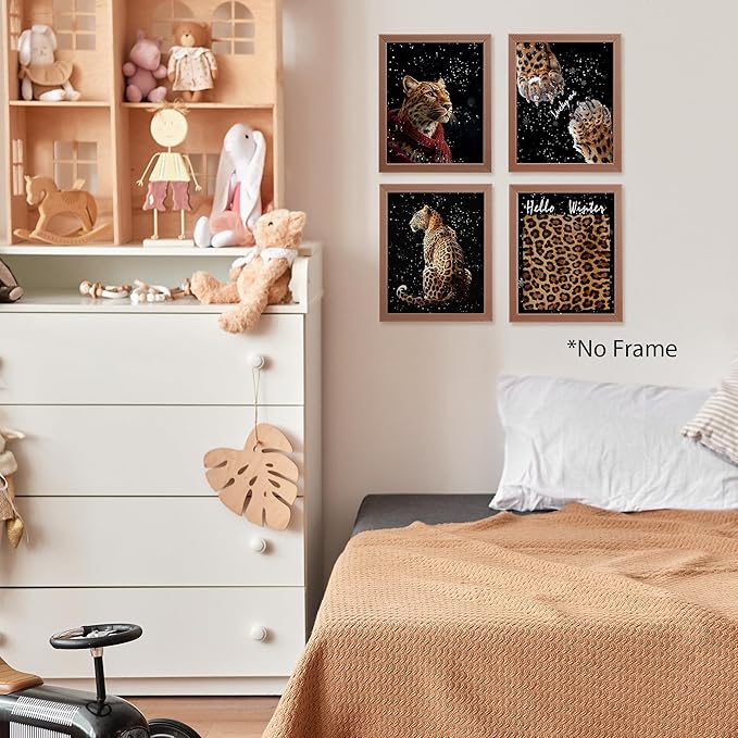 AEHIE Hello Winter blcak Leopard Wall Art Poster Prints for Home Bedroom Living Room Office, Trendy Leopard Poster Print,Winter Funky Lucky Artwork Cheetah Wall Art Unframed 4pcs 8x10inch