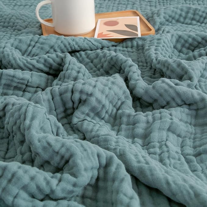 EMME Cotton Throw Blanket for Couch Soft Muslin Blankets 50"x60" Lightweight Breathable Blanket All Season Gauze Blanket, Teal