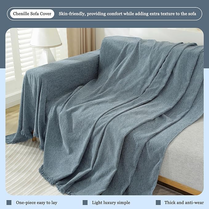DREAMINGO Modern Minimalism Grayish Blue Couch Cover Sectional Sofa Covers for 3 Cushion Couch Washable Chenille Pet Couch Protector for Dogs Boho Herringbone Sofa Furniture Slipcover, 71"x150"