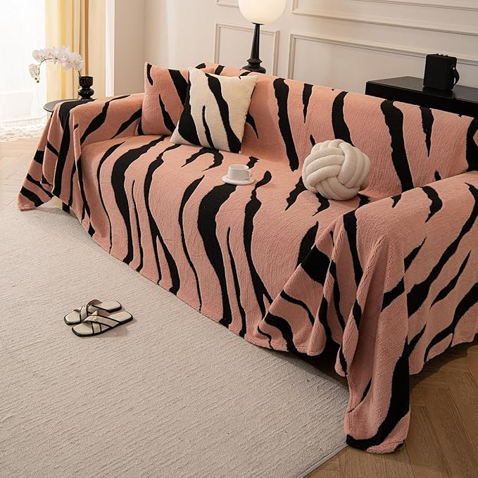 ROOMLIFE Striped Boho Pink Couch Cover for 2-3 Cushion Sofa, Fuzzy Plush Warm Sofa Slipcovers Sectional Sofas Covers, Non Slip Washable Furniture Protector Soft with Tassel,Winter 71''X134”