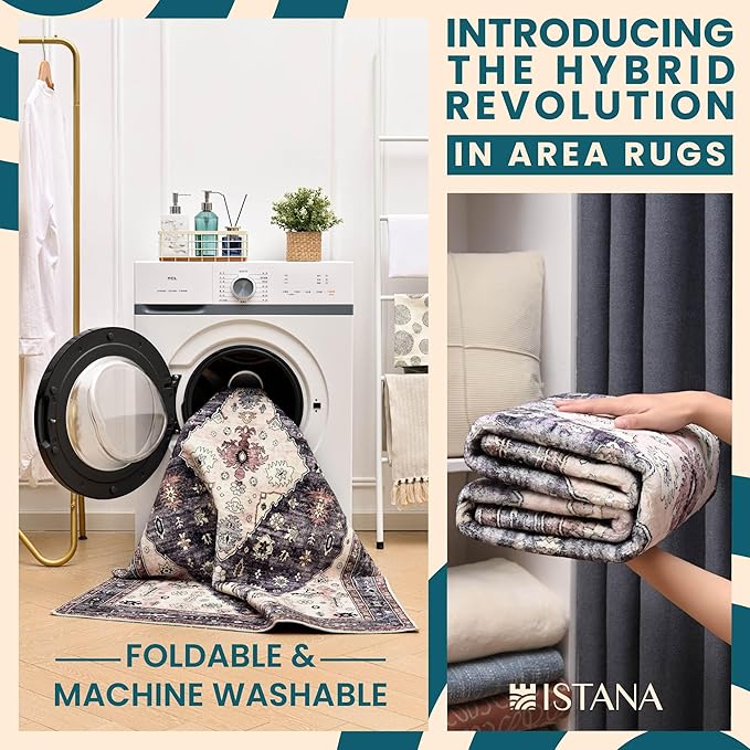 Istana Living Room Rug 10x14 - Dark Grey Blue & Rose Mauve 10 x 14 Area Rug - Foldable Machine Washable Area Rugs 10x14 10x14 Area Rugs Boho - Stain Resistant Washable Rug 10x14