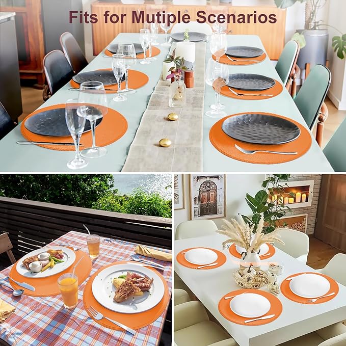 Round Vinyl Orange Placemats Set of 6, Faux Leather Waterproof Wipeable Heat Resistant Place Mats, Washable Table Mats for Halloween, Thanksgiving & Christmas Dinner(Orange)