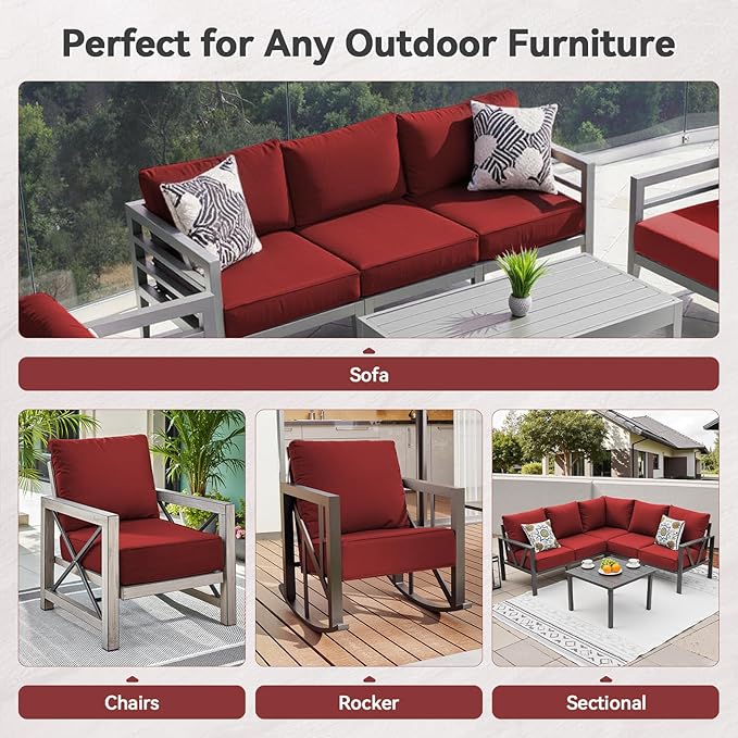6" Thick Outdoor Cushions 22x24x6, 6-Set Deep Seat Patio Cushions with Removable Cover, Waterproof & Fade Resistant Replacement for Wicker Chair, Loveseat, Sofa - Red