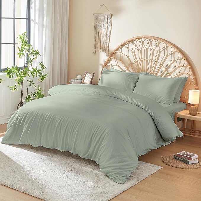 DOZ 100% Long Staple Cotton Duvet Cover Set, Soft Sateen Weave, Smooth, Breathable, Hotel Comfort, 106"x90", 8 Loops, 3pc – 2 Pillowcases 1 Duvet Cover (Sage, King/Cal King)