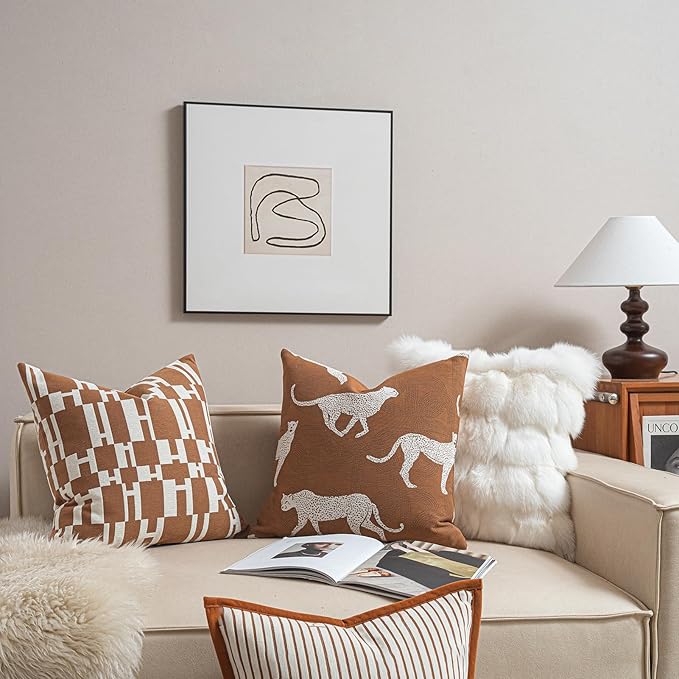 2025 New 22x22'' inches Throw Pillow Cushion Covers - Caramel H Letter Chenille Jacquard Embroidery Luxury Modern Style Couch Sofa Bed Pillow Cover for Living Room Bedroom