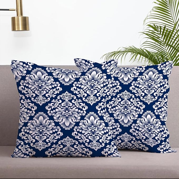 LOVOUS Navy Blue and White Damask Throw Pillow Covers 18x18 Inch Set of 2, Vintage Linen Decorative Pillow Covers for Bed Couch Sofa Bedroom Living Room Home Decor, B14