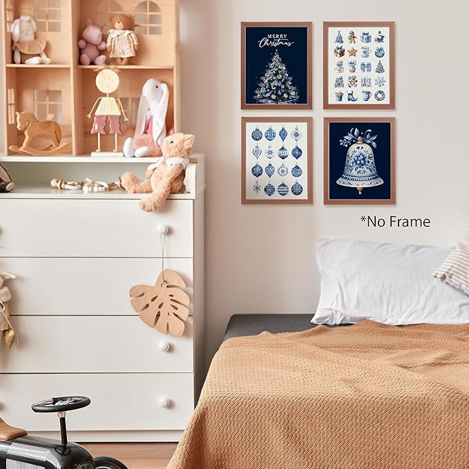 AEHIE Chinoiserie Blue and White Christmas Wall Art Poster Prints for Home Living Room Bedroom Kitchen, Winter Holiday Artwork Poster Blue Xmas Tree Bell Snowflake Decorations Unframed 4pcs 8x10inch