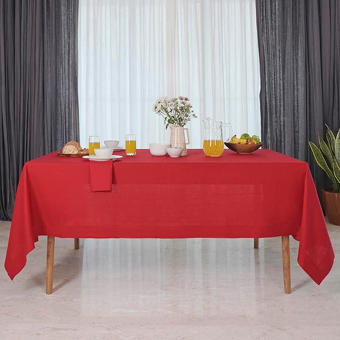 D'Moksha Homes Bright Red Linen Tablecloth 54 x 72 Inch - 100% Pure Linen Tablecloth for Rectangle Tables - Machine Washable Table Cloth for Fall, Thanksgiving, Christmas, Holiday