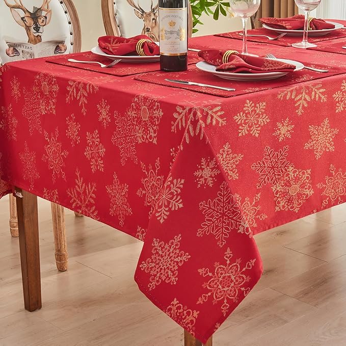 Rectangle Fancy Metallic Sparkling Snowflake Christmas Fabric Table Cloth red Hunter Gold Navy White Silver No-Iron Soil Resistant Woven Holiday Table Cover(Red Gold/52x70Inch)