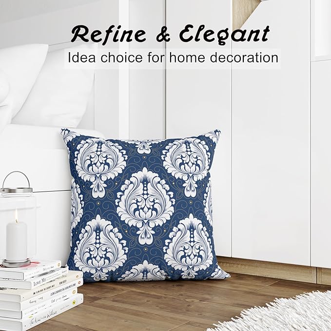 LOVOUS Navy Blue and White Damask Throw Pillow Covers 18x18 Inch Set of 2, Vintage Linen Decorative Pillow Covers for Bed Couch Sofa Bedroom Living Room Home Decor, B18