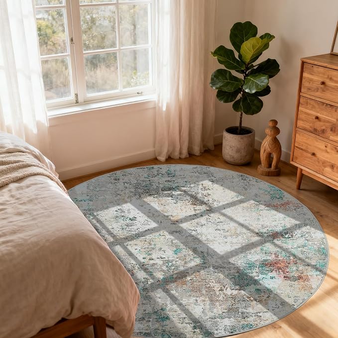 Modern Abstract 6x6 Round Area Rug Non Slip Non Shedding Rug Low Pile Stain Resistant for Bedroom Living Room Office Dining Room,Colorful