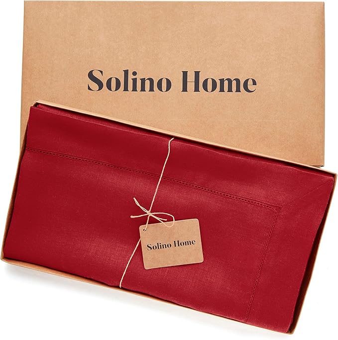 Solino Home Linen Tablecloth for Rectangle Tables 60 x 156 Inch - Classic Hemstitch 100% Pure Linen Red Table Cloth - Machine Washable Cloth Tablecloth for Christmas, Holiday