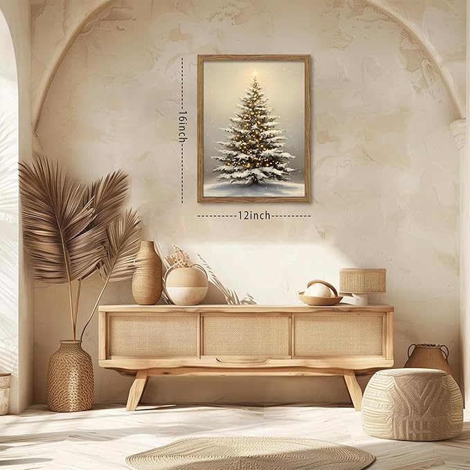 Vintage Christmas Pictures Wall Decor, Framed Christmas Tree Wall Art, Rustic Winter Holiday Pine Tree Print, Snowscape Botanical Canvas Artwork for Living Room Bedroom – 12x16in