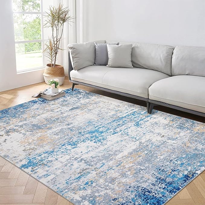 9x12 Modern Abstract Accent Rug Non Slip Stain Resistant Throw Rug Low Pile Machine Washable Indoor Floor Cover for Bedroom Living Room Office Home Decor, Blue/Grey