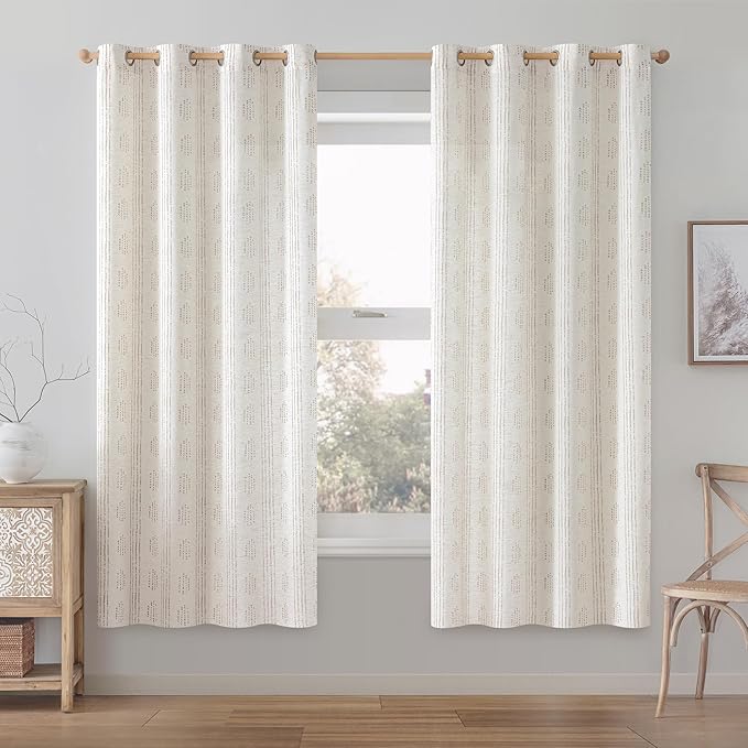 Boho Linen Curtains for Bedroom Living Room Taupe Farmhouse Boho Curtains 63 Inch Length Geometric Striped Patterned Mudcloth Grommet Top Light Filtering Window Drapes 2 Panels Taupe on Beige