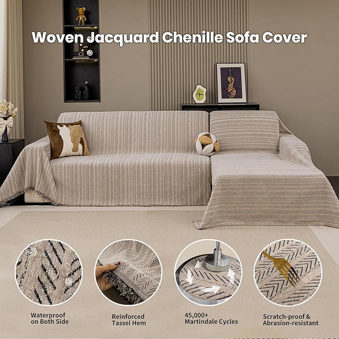 Nobildonna Sofa Cover Washable Soft Thicken Chenille Couch Cover with Tassel,Waterproof Sofa Slipcover for 3-4 Cushion Couch,Sectional Sofa,L-Shaped Furniture Protector Pet-Friendly,Brown 71"x150"