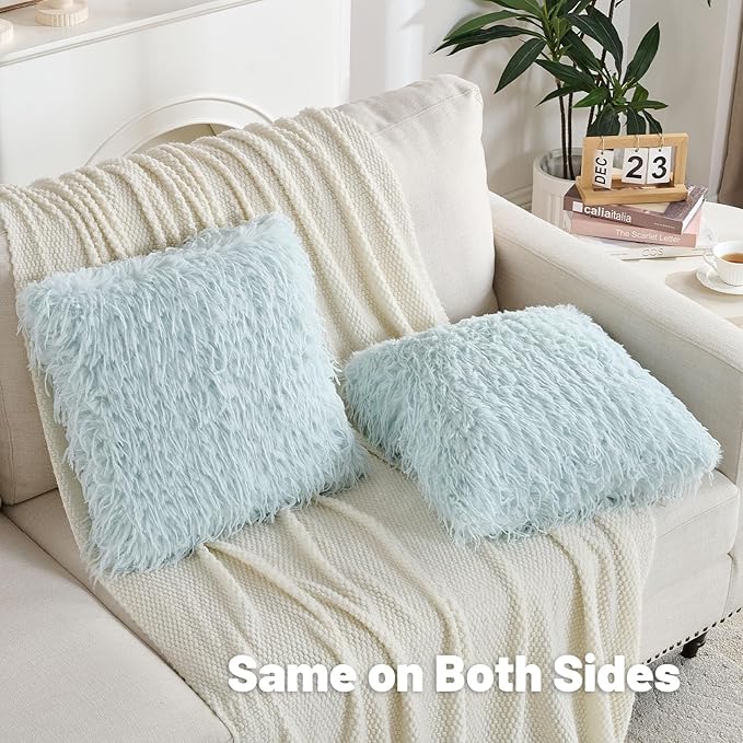 FUTEI Light Blue Decorative Throw Pillow Covers 18x18 Inch Set of 2,Soft Fluffy Faux Feather Texture Cushion Cases,Modern Home Luxury Decor for Couch Bed Living Room