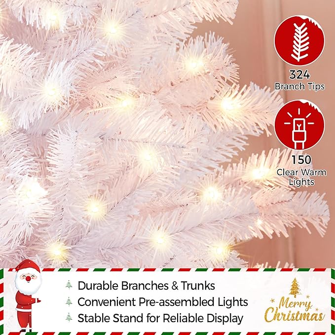 Yaheetech 4.5ft Pre-lit Spruce Artificial Hinged Christmas Pine Tree Prelighted Holiday Xmas Tree for Home Party Decoration with 150 Warm White Lights and 324 Branch Tips, White