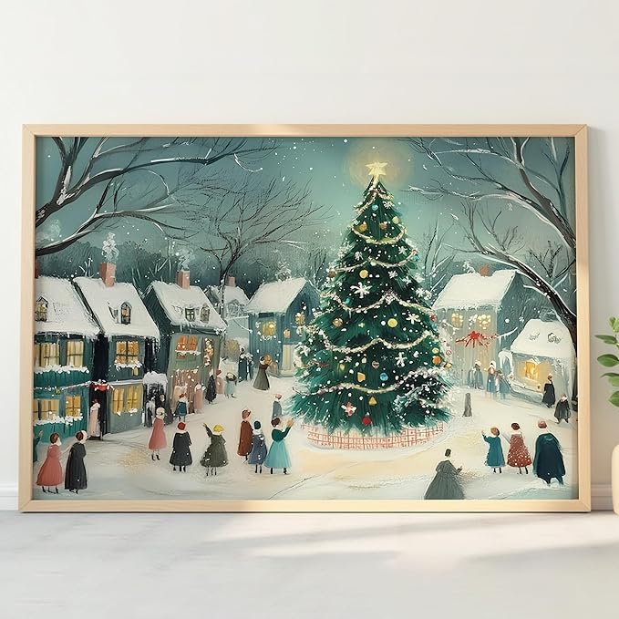OZCONO Christmas Tree Village Art for Holiday Home Decor, Snowy Winter Town Scene Wall Art, Festive Christmas Gathering Artwork, Cozy Seasonal Winter Interior Decoration (Unframed) (16x24)
