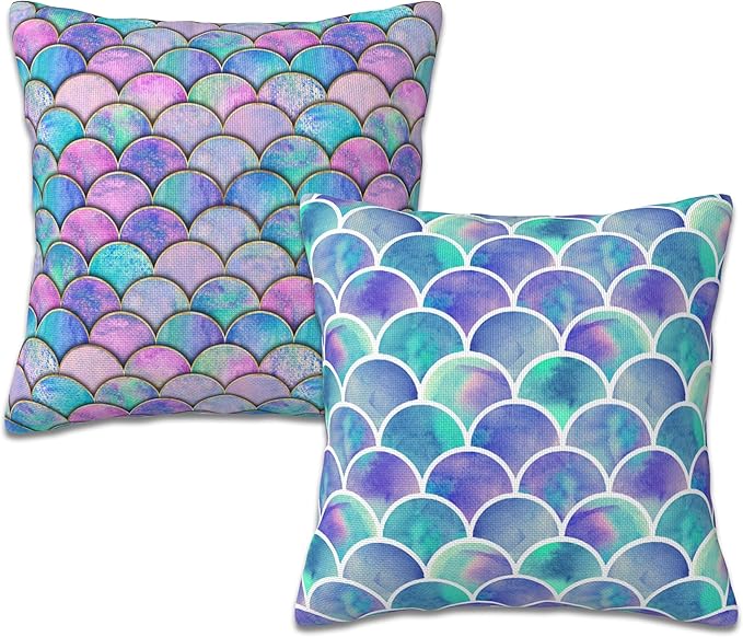 Throw Pillow Covers Mermaid Fish Scale Pillow Covers 18x18 Inch Set of 2 Watercolor Rainbow Scales Throw Pillows Decorative Pillow Cases Cushion Covers for Bedroom Livingroom Sofa Farm House