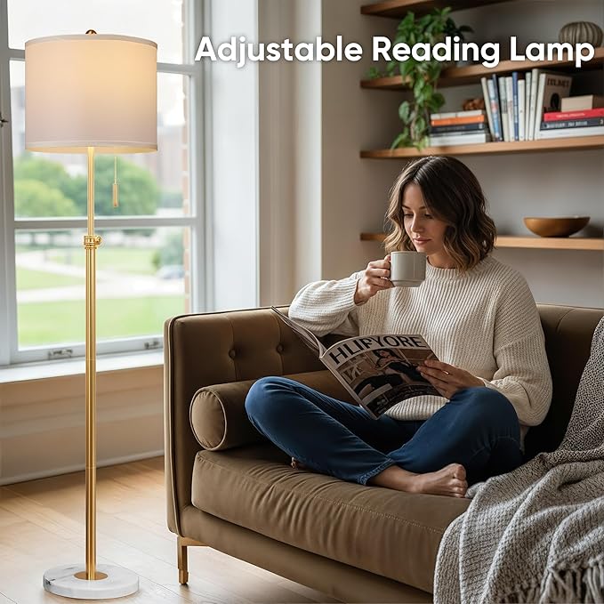 PARTPHONER Floor Lamp for Living Room, 66'' Adjustable Height Standing Lamp with Marble Base, 3-Color Tall Lamps with Pull Chain, Suitable for Bedroom, Reading, Office (Bulb Included, White Shade)