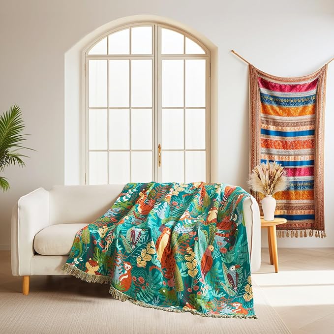 Throw Blanket for Couch Sofa Soft Cotton Blankets for Bedroom Living Room All Season Reversible Forest Animals Whimsical Home Decor 50"x60"