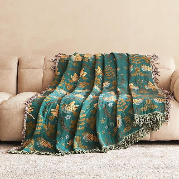 Queen Throw Blanket for Bed 100% Cotton Boho Ultra Soft Quilt Birds and Floral Double Embroidery Fall Queen Bed Blanket Bedspread,90" x 90" All Season Blankets for Bedding Couch